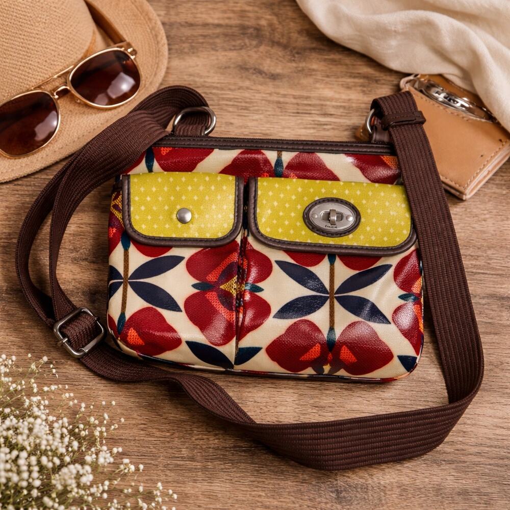 Fossil Retro Floral Crossbody Bag Mod 60s Print Coated Canvas Adjustable Strap